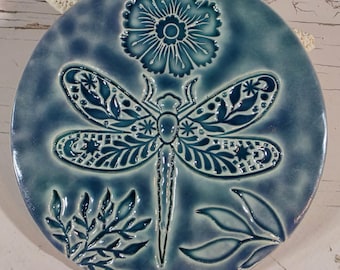 Handmade Ceramic Tile, Dragonfly, Flower, Round, 4.5 inches