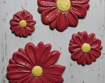 Red Ceramic Flowers, Handmade Tiles, Set of 4, Mosaic Components