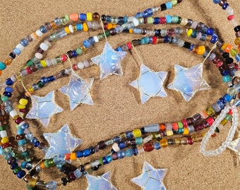 Opal Stars Bohemian Glass Bead Garland, 6 Ft Long, Handmade One of a Kind