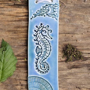Seahorse Coastal Decorative Tile - Handmade - Mermade Decor - Beach House - 7 × 2 Inches