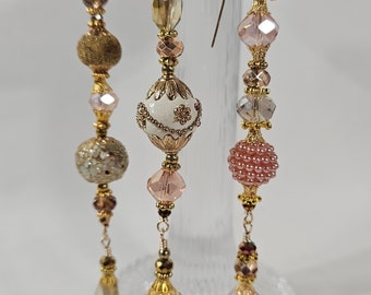 Exotic Crystal Bead Dangle Ornaments, Set of 3, Pink Gold Cream, Handmade Kashmiri Beads