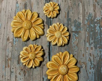 Ceramic Yellow Flowers, Handmade, Set of 5, Mosaic Supplies