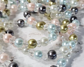 Glass Pearls And Crystal Bead Garland, 6 Feet Long, Hand Strung, Handmade, Pastel Shades