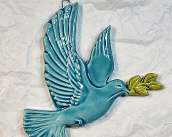 Ceramic Peace Dove Hanging Wall Tile, Handmade