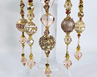 Crystal Bead Dangles, Set of 5, Pink, Gold, Kashmiri Unique Handcrafted Beads