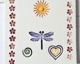 Dragonfly Sun Garden Stamped Tile - Handmade - 3.75 inches Square