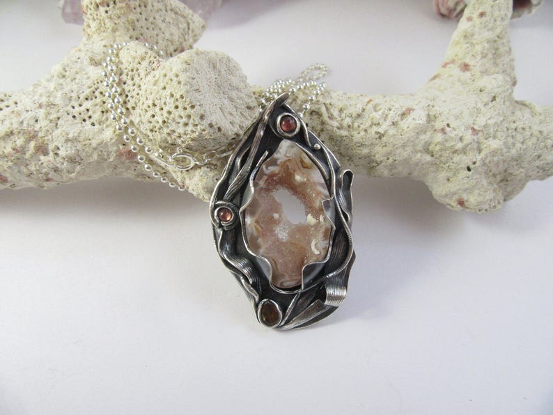 Silver Geode Slice Agate Pendant Sapphires Peridot With 20 inch 925 Sterling Silver Ball Chain