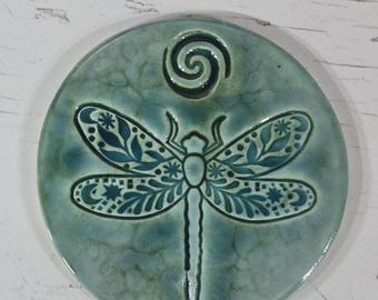 Handmade Ceramic Tile, Dragonfly, Spiral, Round, 4.25 Inches