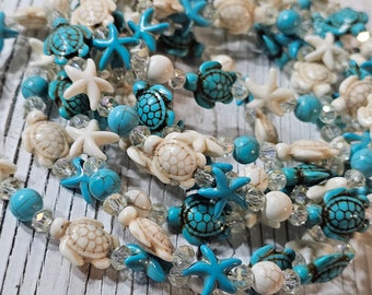Sea Turtle and Starfish, Coastal Christmas Tree, Bead Garland, 6 Ft Long