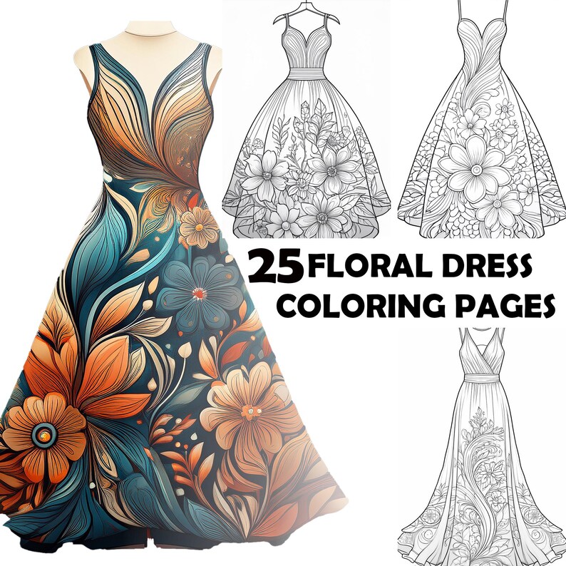 Floral Dress Coloring Page, Coloring Page for Adults and Kids, Floral ...
