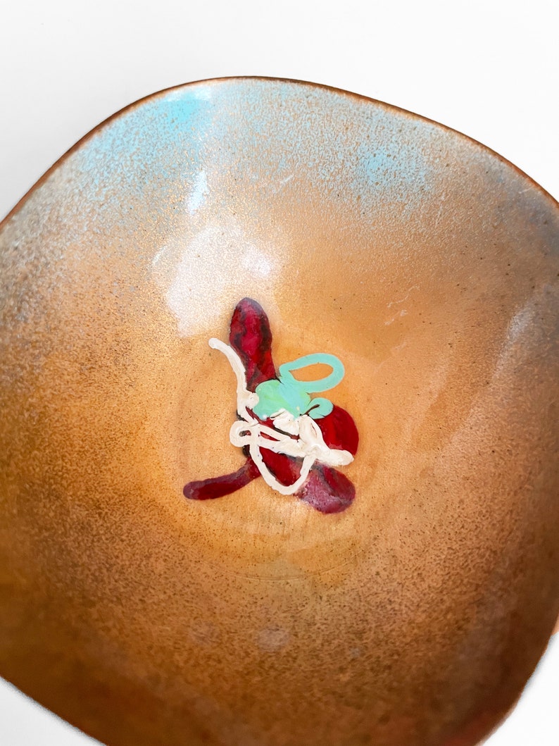 Tiny Enamel Copper Trinket Bowl Mid-Century Modern Handmade Abstract Design image 3