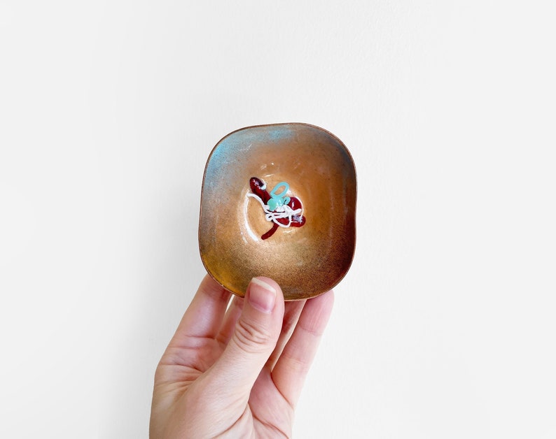 Tiny Enamel Copper Trinket Bowl Mid-Century Modern Handmade Abstract Design image 1