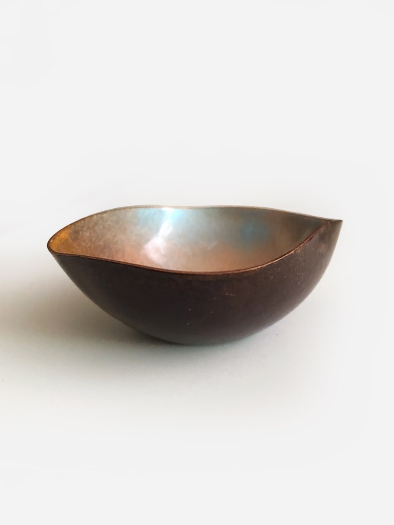 Tiny Enamel Copper Trinket Bowl Mid-Century Modern Handmade Abstract Design image 2