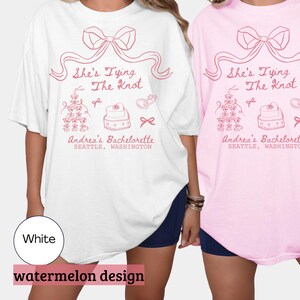 Coquette Bow Bachelorette Shirts, Bachelorette Party, Custom Bachelorette Shirts, Shes Tying the Knot Bridal Party, Girly Bow Bachelorette