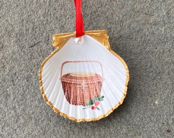 Nantucket Decoupage Scallop Shell Christmas Ornament - Nantucket Lightship Basket and Holly With Gold Edge