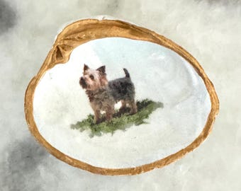 Gold Rimmed Yorkie Yorkshire Terrier Dog Oyster Ring Jewelry Trinket Dish