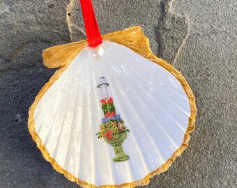 Nantucket Decoupage Scallop Shell Christmas Ornament - Main Street Fountain Gold Edged