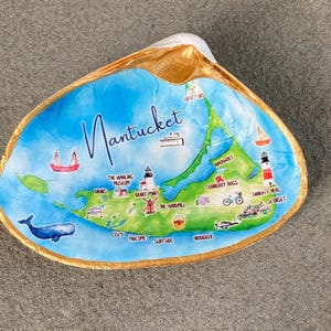 Jumbo Gold Rimmed Nantucket Island Map Decoupage Clamshell Trinket or Jewelry Dish