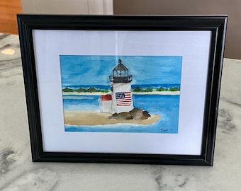 Original Watercolor Painting of Brant Point Lighthouse Nantucket With American Flag Landscape Nantucket Island