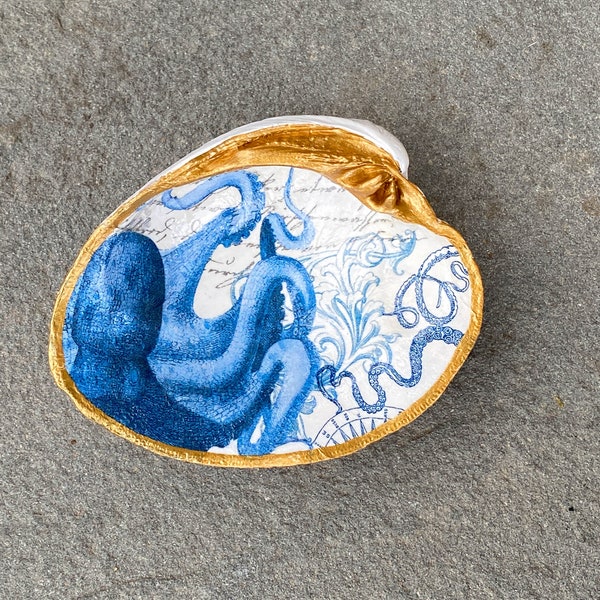 XL Gold Rimmed Blue Octopus Decoupage Round Clam Quahog Jewelry or Trinket Dish