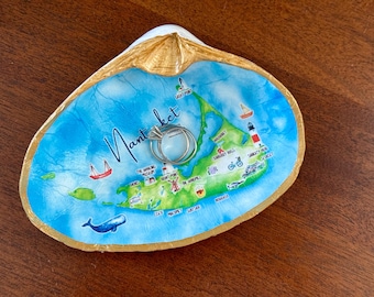 Jumbo Gold Rimmed Nantucket Island Map Decoupage Clamshell Trinket or Jewelry Dish