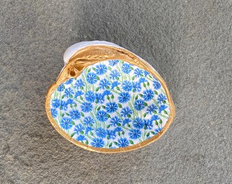 Large Handmade Cornflower Clamshell Dish: Gold Trim, Coastal Decor, OBX Corolla