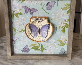 Purple Butterfly Shadow Box With Floral and Butterfly Background Decoupaged Scallop Shell