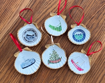 Nantucket Decoupage Scallop Shell Christmas Ornament Set of 6 -  Steamship Authority Ferry, Lightship, Bartlett Farm, Dory, Island Map