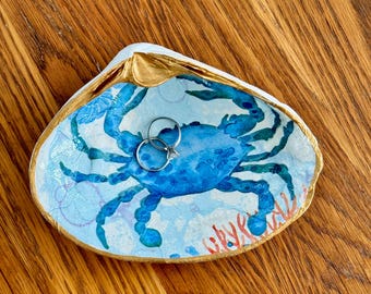 Jumbo Gold Rimmed Blue Crab Decoupage Clamshell Maryland Crab Gift Trinket or Jewelry Dish