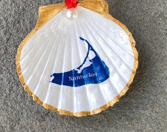 Nantucket Decoupage Scallop Shell Christmas Ornament - Navy Nantucket Island Map with Gold Edge