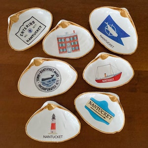 Gold Edged Nantucket Decoupage Clamshells - Nantucket Designs Jewelry Trinket Dish