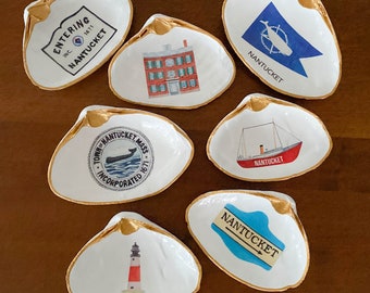 Gold Edged Nantucket Decoupage Clamshells - Nantucket Designs Jewelry Trinket Dish