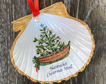 Nantucket Christmas Stroll Decoupage Scallop Shell Christmas Ornament - Christmas Tree Dory Boat Easy Street Boat Basin Gold Edged