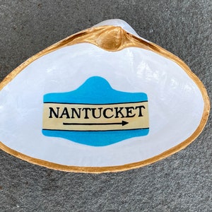Large Nantucket Decoupage Clamshell - Turquoise Historic Nantucket Street Sign Gold Rimmed Clam Shell Trinket Dish Jewelry Dish