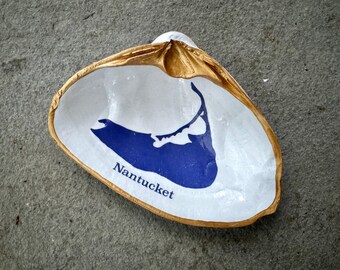 XL Gold Rimmed Decoupage Nantucket Island Map Jewelry or Trinket Dish