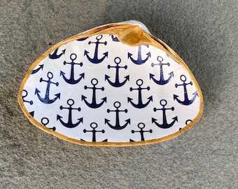 Large Gold Rimmed Navy Anchor Nautical Decoupage Clamshell Jewelry Trinket Ring Dish