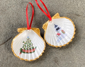 Nantucket Scallop Shell Christmas Ornaments – Decoupage Christmas Tree Dory and Brant Point Lighthouse With Wreath, Gold Edged Set of 2