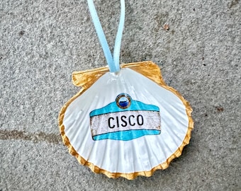 Nantucket Decoupage Scallop Shell Christmas Ornament - Cisco Beach Sign Gold Edged
