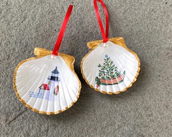 Nantucket Scallop Shell Christmas Ornaments – Decoupage Christmas Tree Dory and Brant Point Lighthouse With Wreath, Gold Edged Set of 2