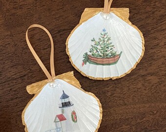 Nantucket Scallop Shell Christmas Ornaments – Decoupage Christmas Tree Dory and Brant Point Lighthouse With Wreath, Gold Edged Set of 2