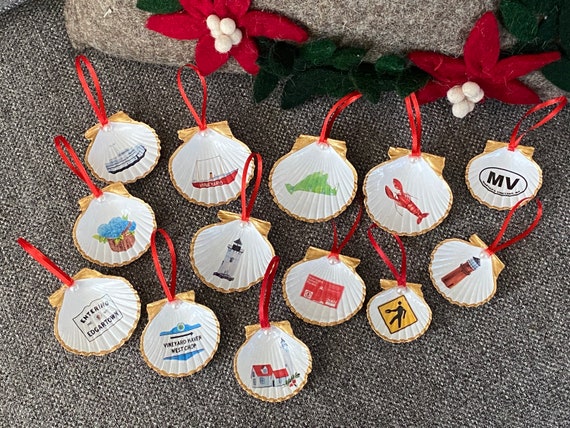 Variety of Martha's Vineyard Scallop Shell Ornaments - Signs, Logos, Island Map, Ferry, Lighthouses