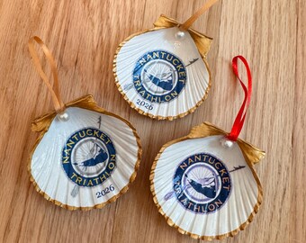 Nantucket Decoupage Scallop Shell Christmas Ornament -  Nantucket Triathlon 2026 With Gold Edge