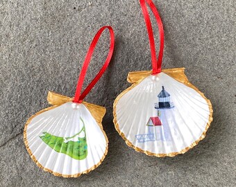 Nantucket Scallop Shell Christmas Ornaments – Decoupage Brant Point Lighthouse and Green Nantucket Island Map, Gold Edged Set of 2