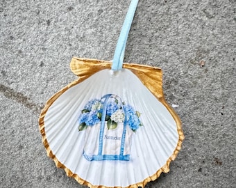 Nantucket Decoupage Scallop Shell Christmas Ornament - Boat Tote Bag Filled With Hydrangeas Gold Edged