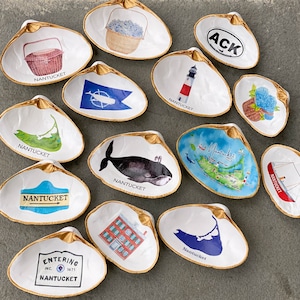 Nantucket Decoupage Clamshells - Sankaty, Hydrangea Basket, Whale, Nantucket Island Map, Island, Burgee Flag, Lightship Basket