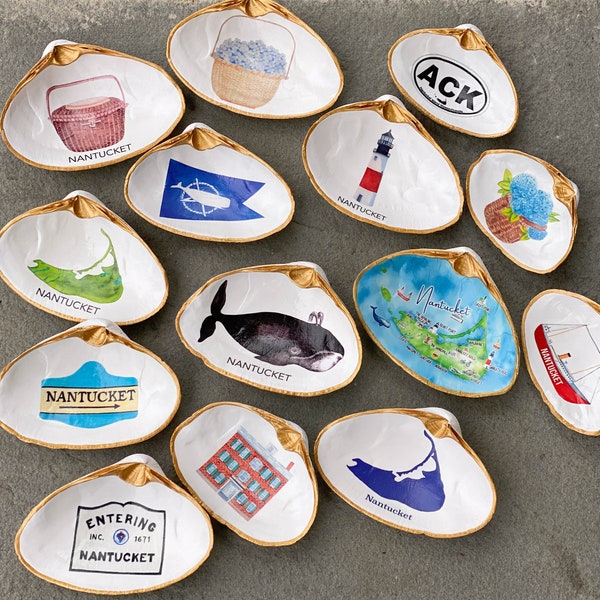 Nantucket Decoupage Clamshells - Sankaty, Hydrangea Basket, Whale, Nantucket Island Map, Island, Burgee Flag, Lightship Basket