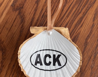 Decoupage Genuine Nantucket Scallop “ACK” Ornament With Gold Edges