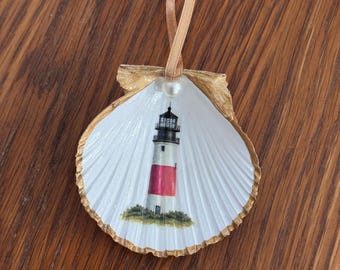 Nantucket Decoupage Scallop Shell Christmas Ornament - Sankaty Lighthouse Light and Gold Edging