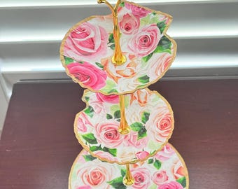 Unique Gift Decoupage Pink Roses Shell Three Tier Trinket Tray Dish 3 Tiers Stunning