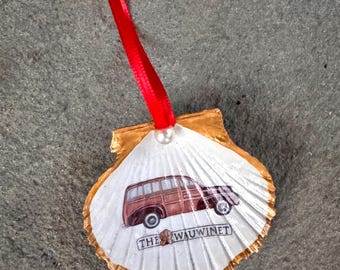 Nantucket Decoupage Scallop Shell Christmas Ornament -  Wauwinet Woody Wood Sided Station Wagon With Gold Edge